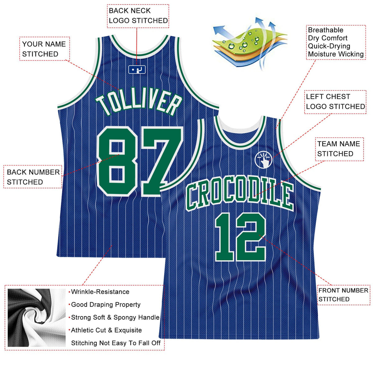 Custom Royal White Pinstripe Kelly Green-White Authentic Basketball Jersey - Back