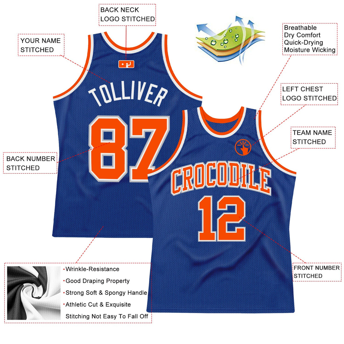 Custom Royal Orange-Gray Authentic Throwback Basketball Jersey - Back