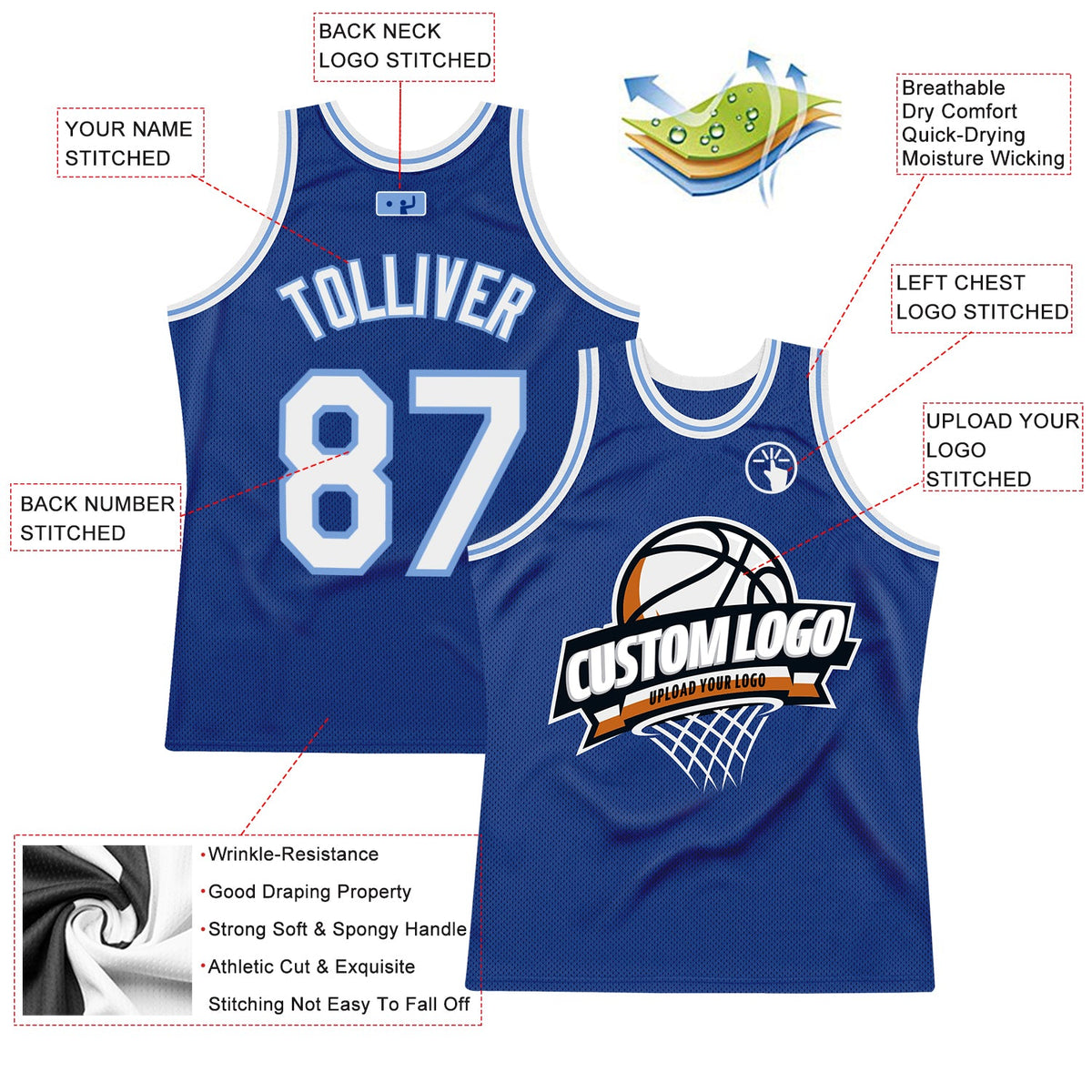 Custom Royal White-Light Blue Authentic Throwback Basketball Jersey - Back