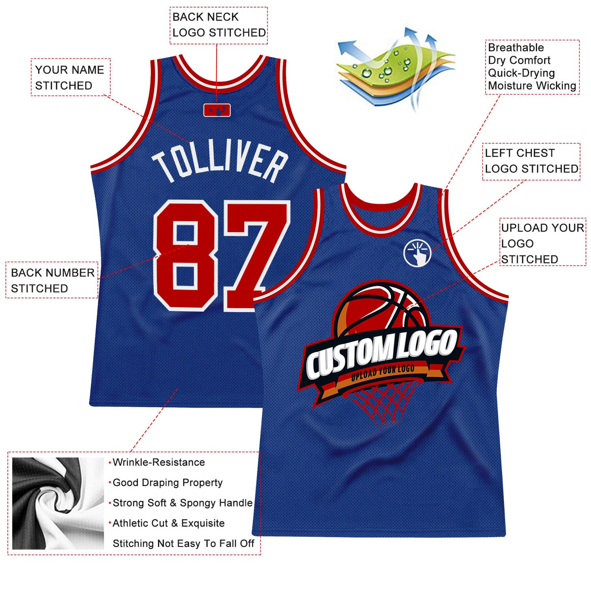Custom Royal Red-White Authentic Throwback Basketball Jersey - Back