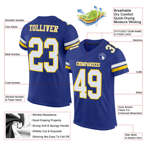 Custom Royal White-Yellow Mesh Authentic Football Jersey alternate