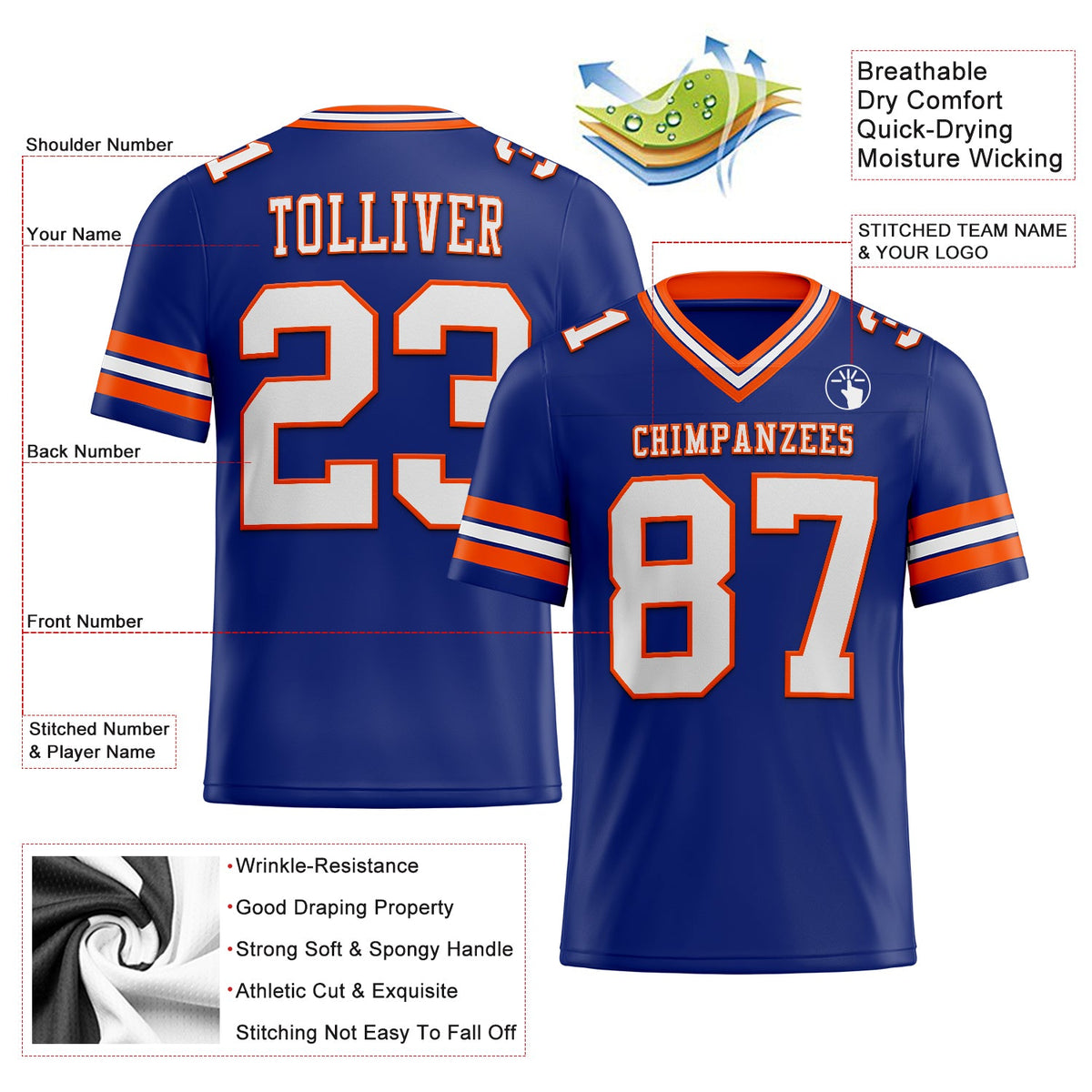 Custom Royal White-Orange Authentic Football Jersey - Back