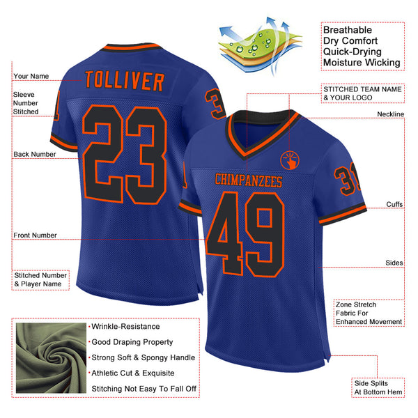 Custom Royal Black-Orange Mesh Authentic Throwback Football Jersey alternate