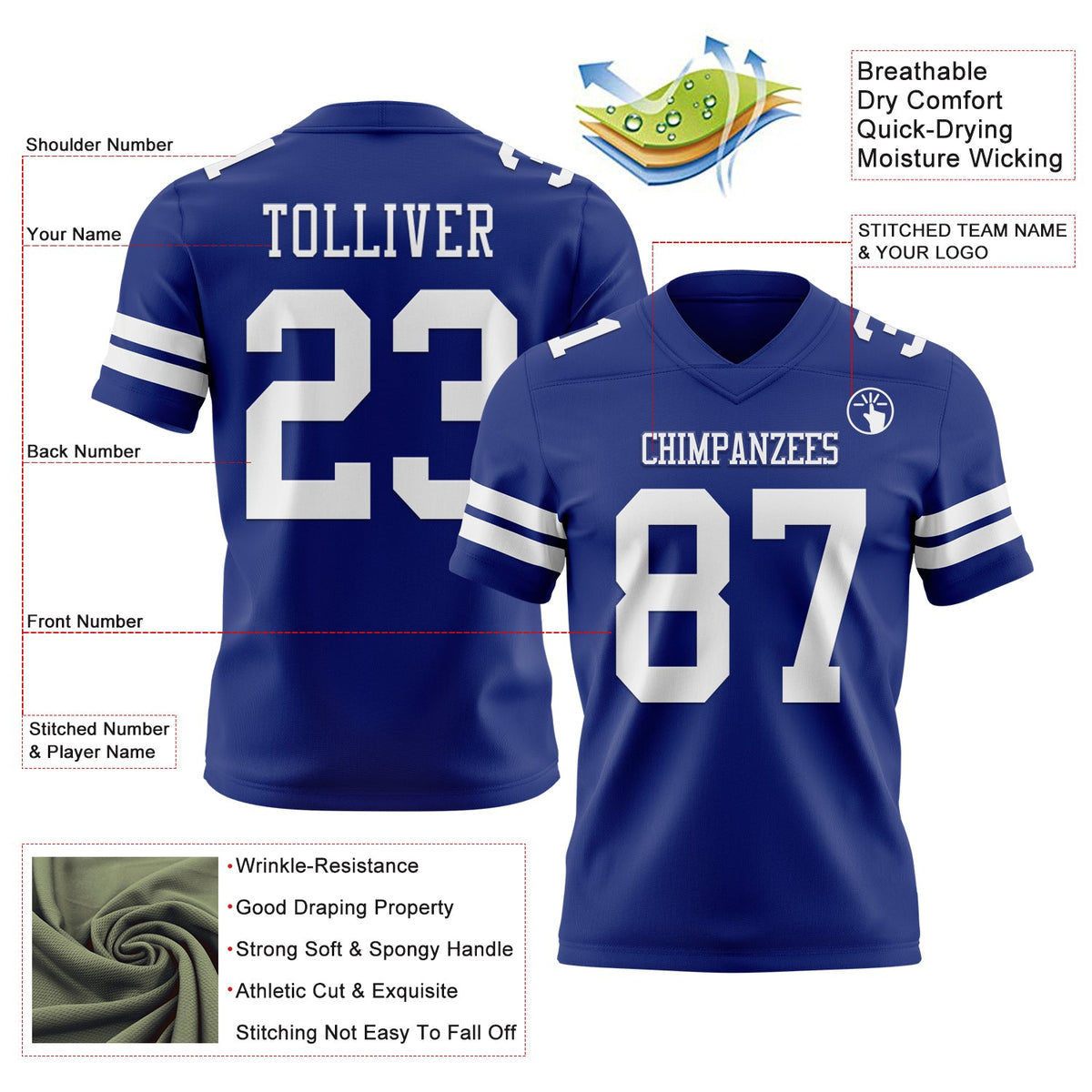 Custom Royal White Authentic Football Jersey - Front