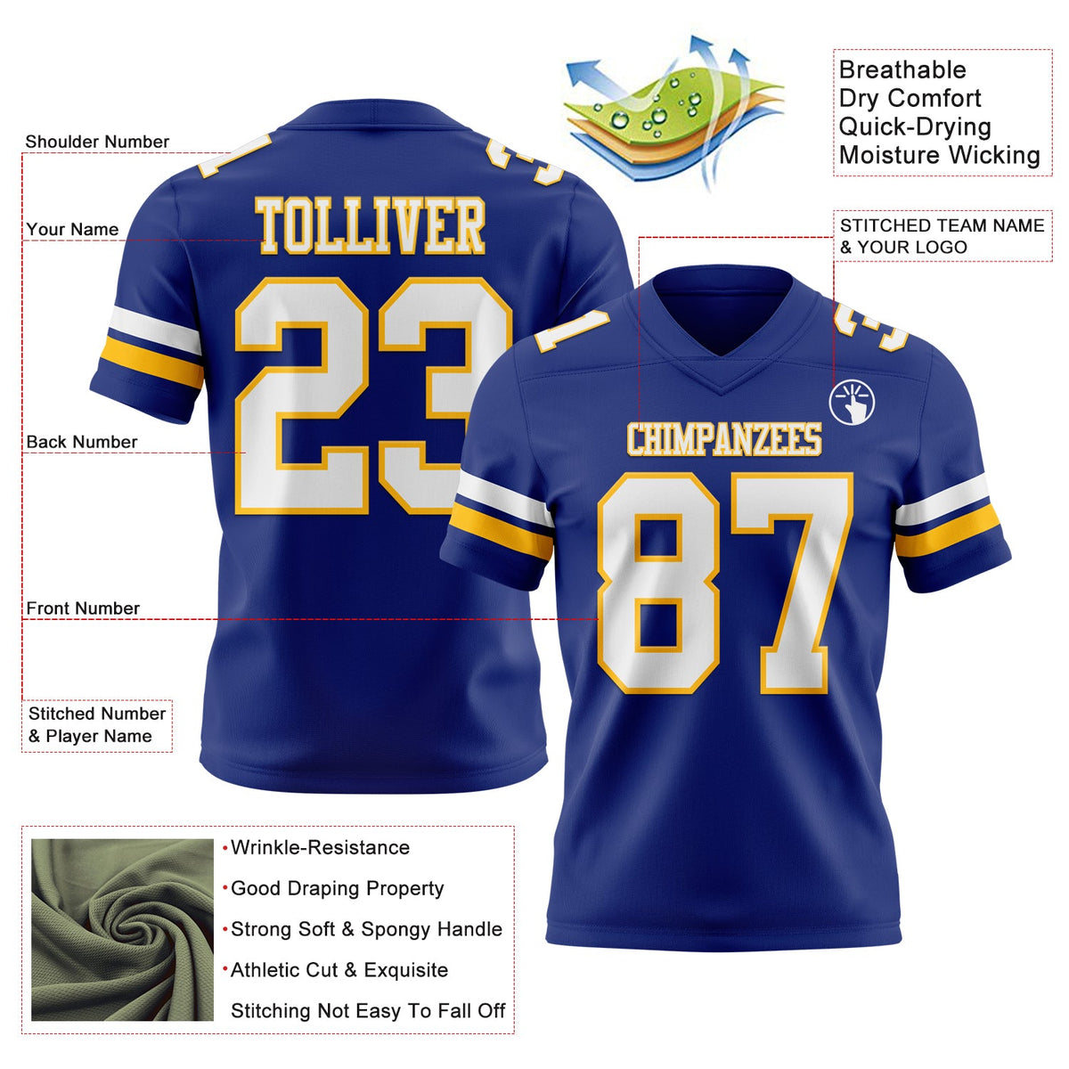 Custom Royal White-Gold Authentic Football Jersey - Front