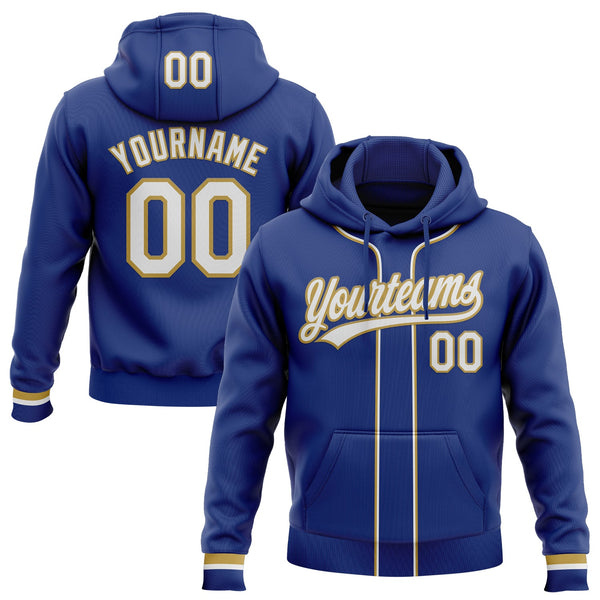 Custom Stitched Royal White-Old Gold Baseball Pullover Sweatshirt Hoodie