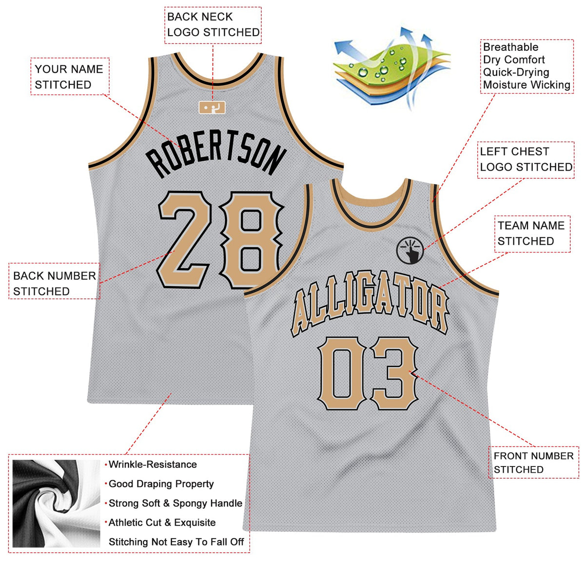 Custom Gray Old Gold-Black Authentic Throwback Basketball Jersey - Back