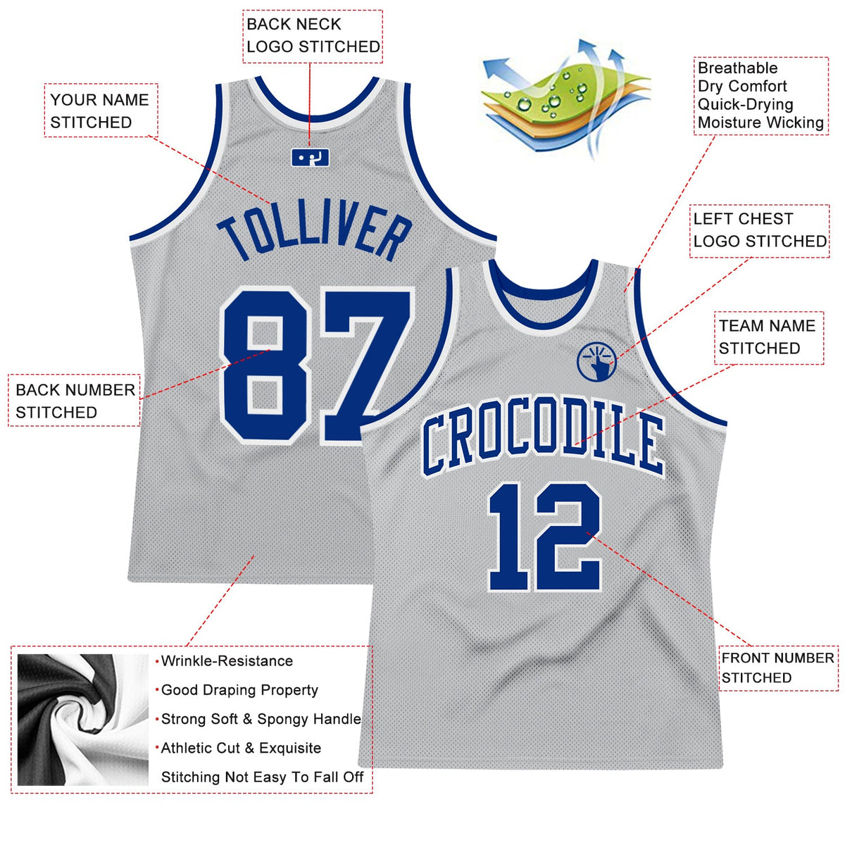 Custom Gray Royal-White Authentic Throwback Basketball Jersey - Back