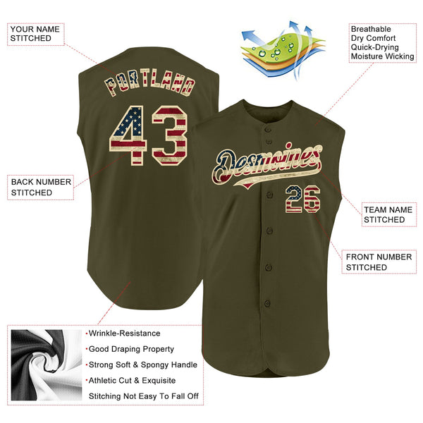 Custom Olive Vintage USA Flag-Cream Authentic Sleeveless Salute To Service Baseball Jersey alternate