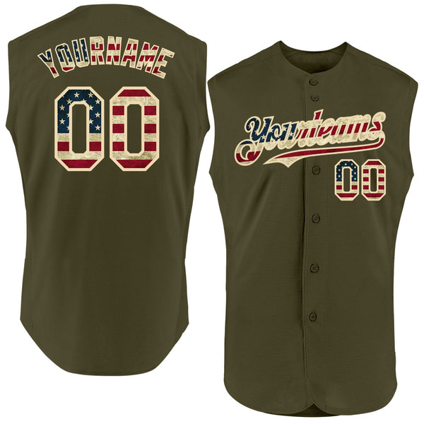 Custom Olive Vintage USA Flag-Cream Authentic Sleeveless Salute To Service Baseball Jersey