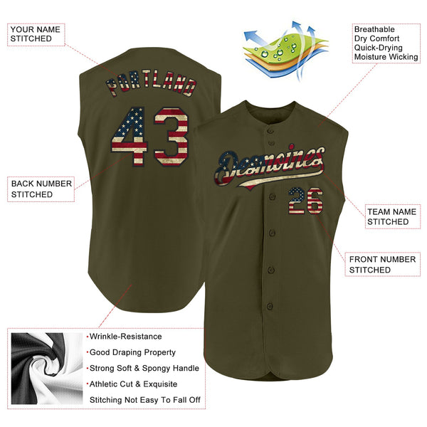 Custom Olive Vintage USA Flag-Black Authentic Sleeveless Salute To Service Baseball Jersey alternate