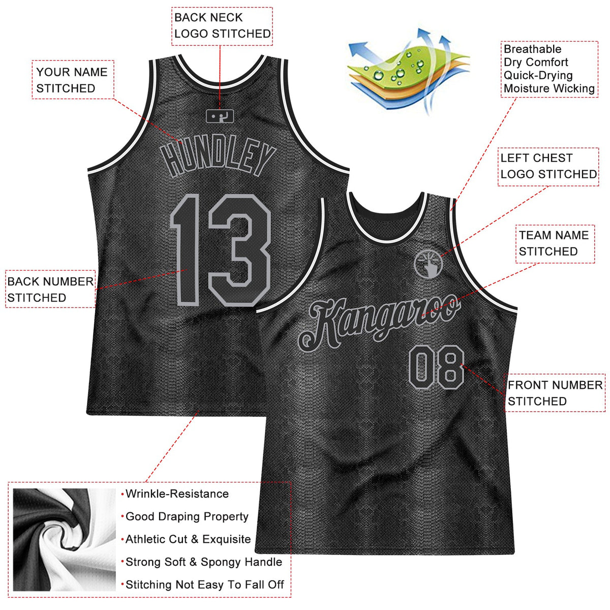 Custom Black Snakeskin Black-Gray 3D Pattern Design Authentic Basketball Jersey - Back