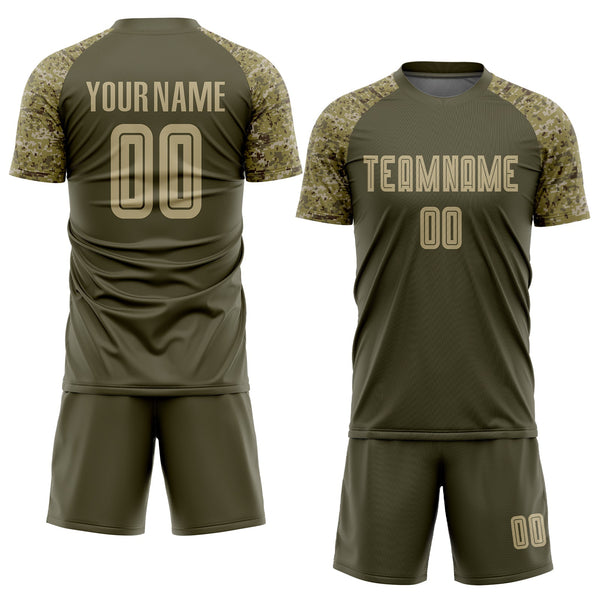 Custom Olive Vegas Gold-Camo Sublimation Salute To Service Soccer Uniform Jersey alternate
