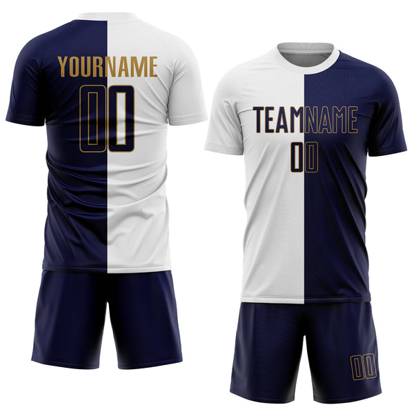 Custom White Navy-Old Gold Sublimation Split Fashion Soccer Uniform Jersey alternate