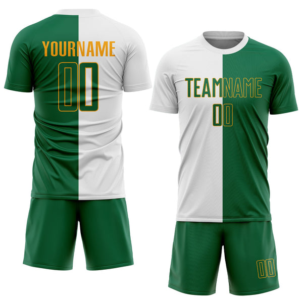 Custom White Kelly Green-Gold Sublimation Split Fashion Soccer Uniform Jersey alternate
