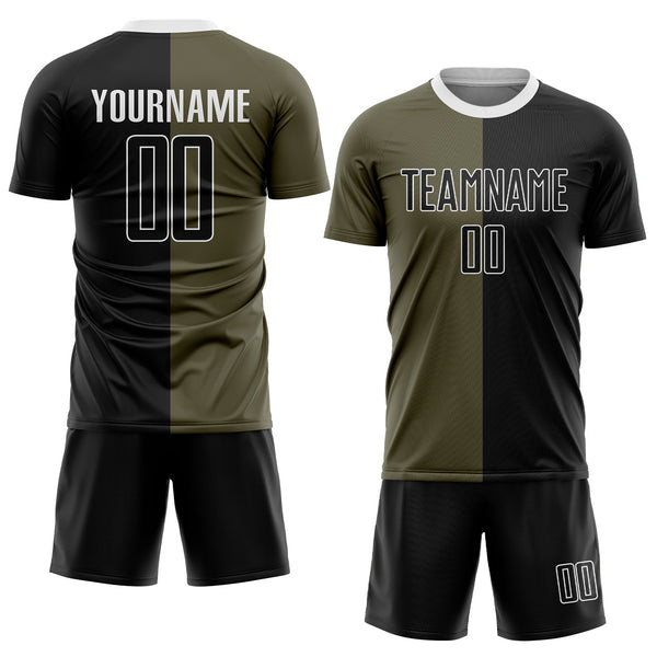 Custom Olive Black-White Sublimation Split Fashion Salute To Service Soccer Uniform Jersey alternate