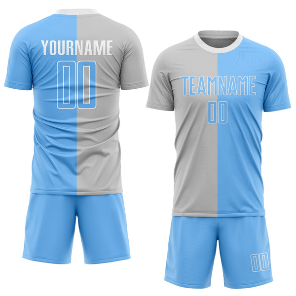 Custom Gray Light Blue-White Sublimation Split Fashion Soccer Uniform Jersey alternate