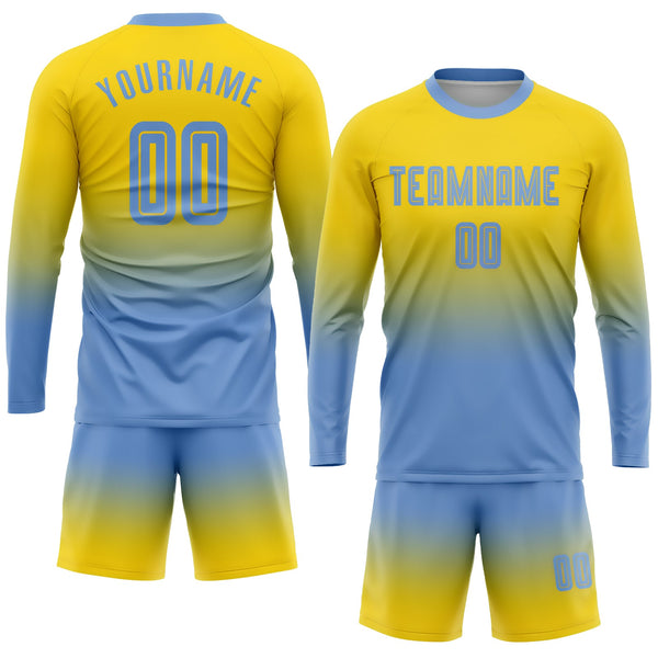 Custom Gold Light Blue Sublimation Long Sleeve Fade Fashion Soccer Uniform Jersey alternate