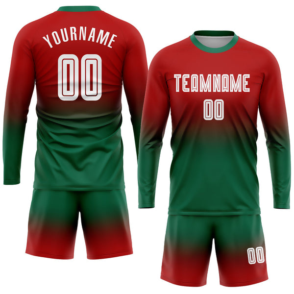 Custom Red White-Kelly Green Sublimation Long Sleeve Fade Fashion Soccer Uniform Jersey alternate