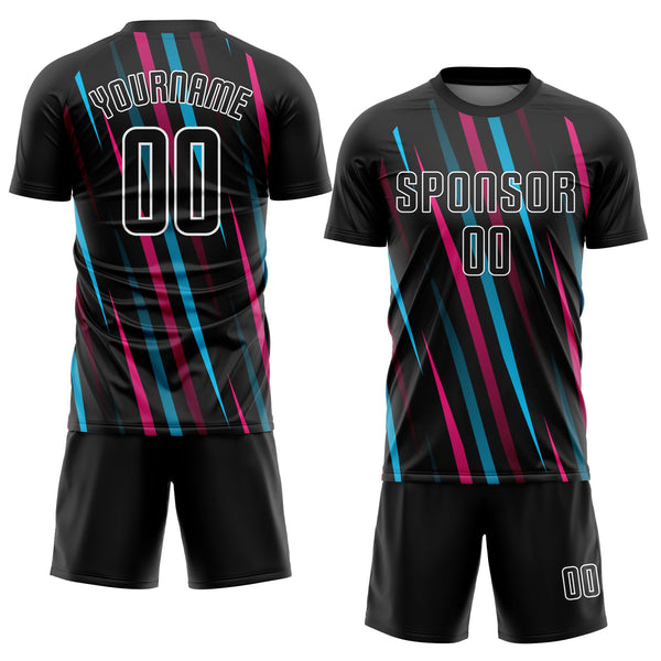 Custom Black Black Light Blue-Pink Sublimation Soccer Uniform Jersey alternate