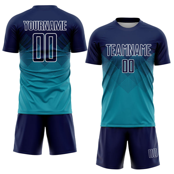 Custom Teal Navy-White Sublimation Soccer Uniform Jersey alternate