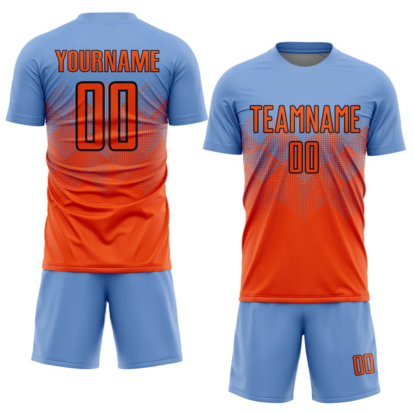 Custom Light Blue Orange-Black Sublimation Soccer Uniform Jersey alternate
