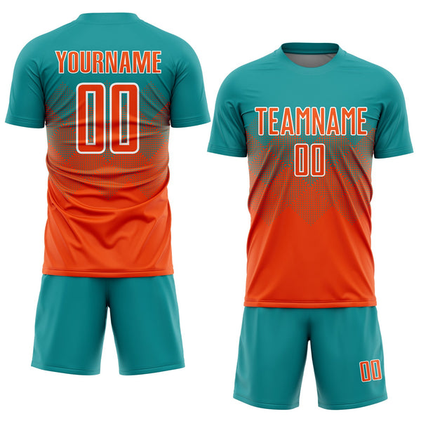 Custom Teal Orange-White Sublimation Soccer Uniform Jersey alternate