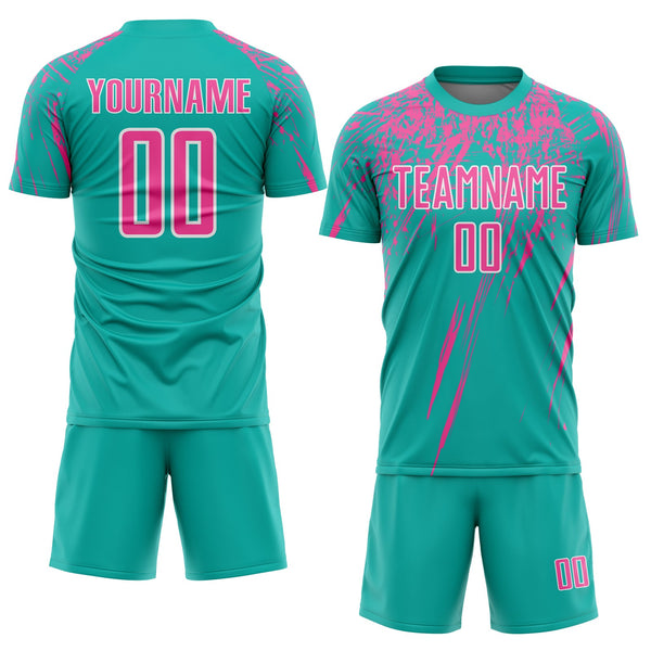 Custom Aqua Pink-White Sublimation Soccer Uniform Jersey alternate