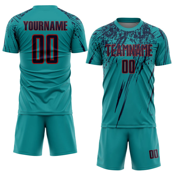 Custom Teal Navy-Red Sublimation Soccer Uniform Jersey alternate