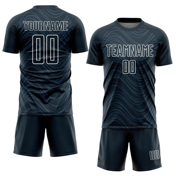 Custom Navy White Wavy Lines Sublimation Soccer Uniform Jersey alternate