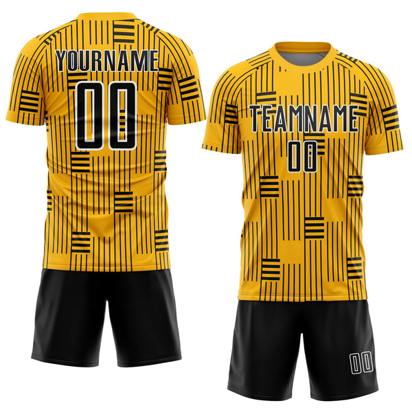 Custom Gold Black-White Lines Sublimation Soccer Uniform Jersey alternate