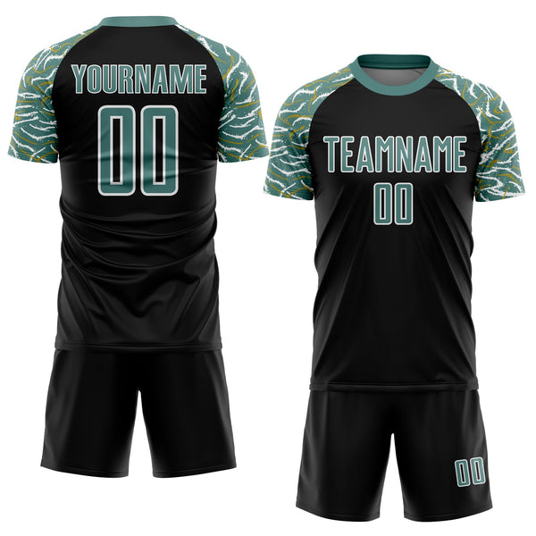Custom Black Midnight Green-White Curved And Wavy Lines Sublimation Soccer Uniform Jersey alternate