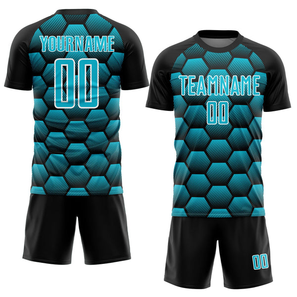 Custom Black Lakes Blue-White Hexagons Pattern Sublimation Soccer Uniform Jersey alternate