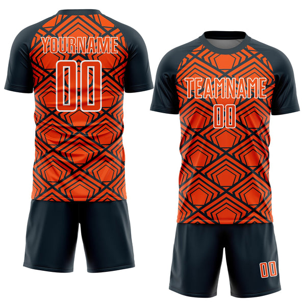 Custom Orange Navy-White Geometric Pattern Sublimation Soccer Uniform Jersey alternate