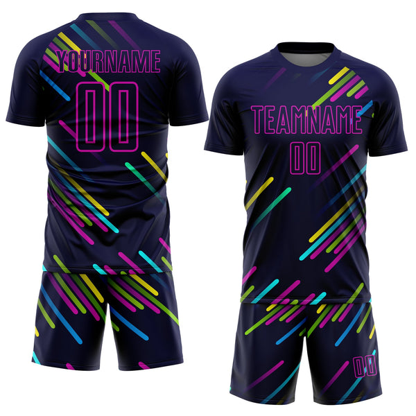 Custom Navy Pink Lines Sublimation Soccer Uniform Jersey alternate