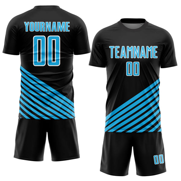 Custom Black Sky Blue-White Lines Sublimation Soccer Uniform Jersey alt