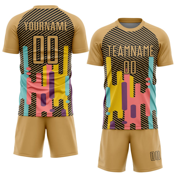 Custom Old Gold Black Lines Sublimation Soccer Uniform Jersey alternate