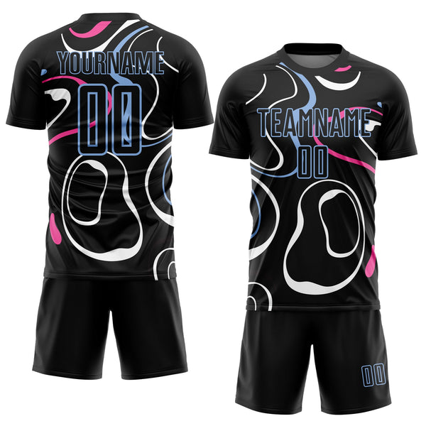 Custom Black Light Blue Fluid Shapes Sublimation Soccer Uniform Jersey alternate