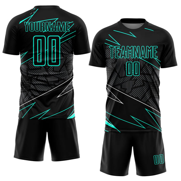 Custom Black Aqua Lines Sublimation Soccer Uniform Jersey alternate