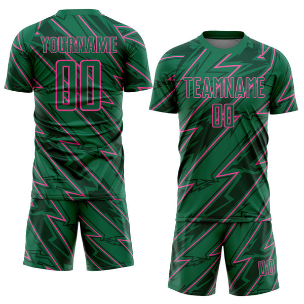 Custom Kelly Green Pink Lightning Sublimation Soccer Uniform Jersey alternate