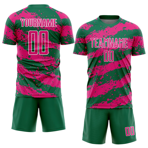Custom Kelly Green Hot Pink-White Splash Sublimation Soccer Uniform Jersey alternate