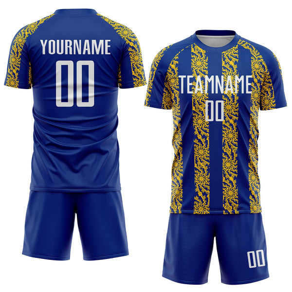 Custom Royal White-Yellow Abstract Shape Sublimation Soccer Uniform Jersey alternate