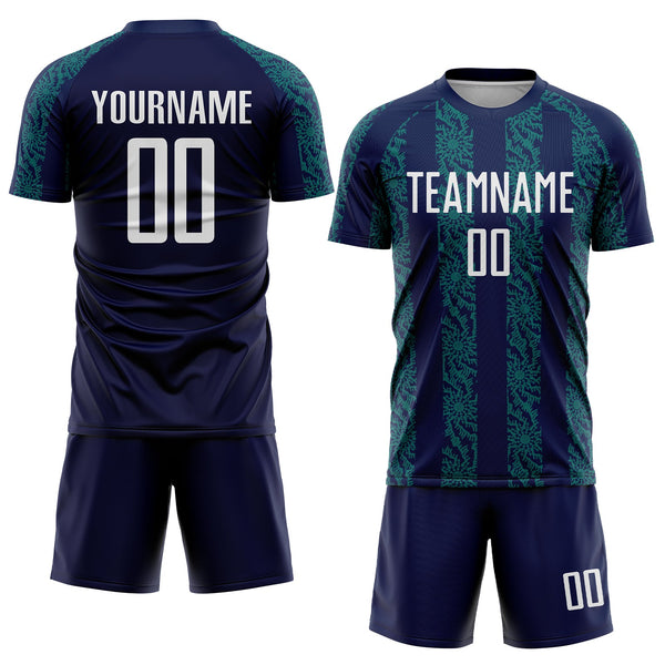Custom Navy White-Teal Abstract Shape Sublimation Soccer Uniform Jersey alternate