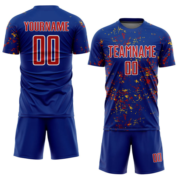 Custom Royal Red-Gold Abstract Fragment Art Sublimation Soccer Uniform Jersey alternate