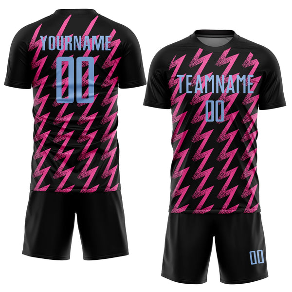 Custom Black Light Blue-Pink Zigzag Shape Sublimation Soccer Uniform Jersey alternate