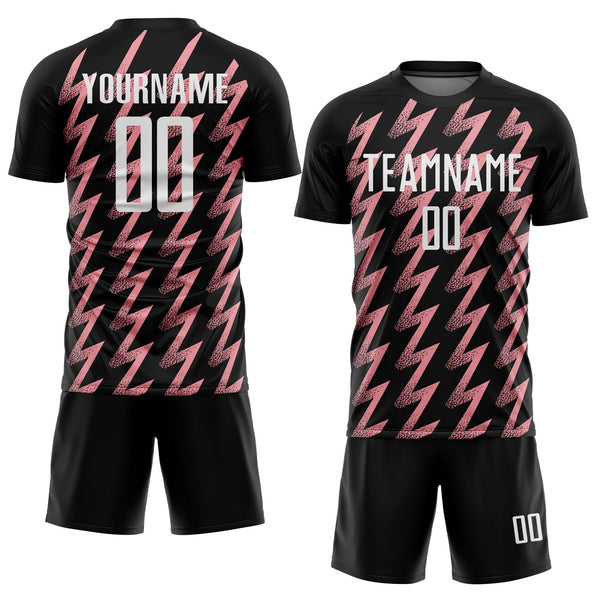 Custom Black White-Medium Pink Zigzag Shape Sublimation Soccer Uniform Jersey alternate