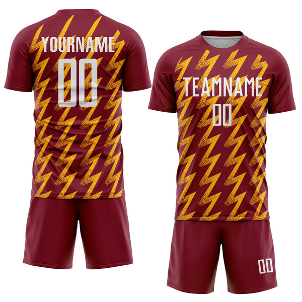 Custom Crimson White-Gold Zigzag Shape Sublimation Soccer Uniform Jersey alternate