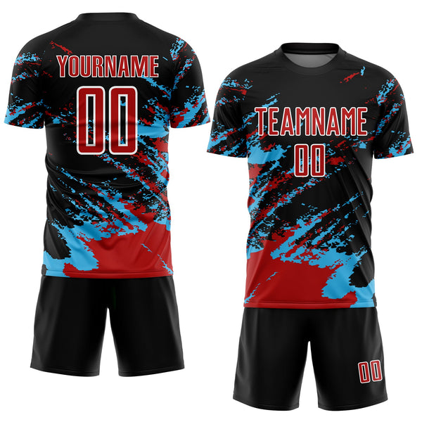 Custom Black Red-Sky Blue Abstract Fragment Art Splash Sublimation Soccer Uniform Jersey alternate