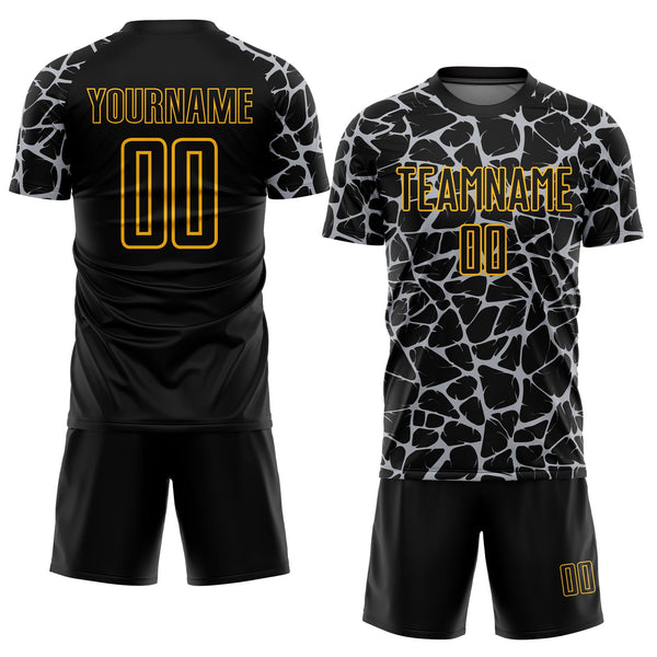 Custom Black Gray-Gold Abstract Network Splash Sublimation Soccer Uniform Jersey alt