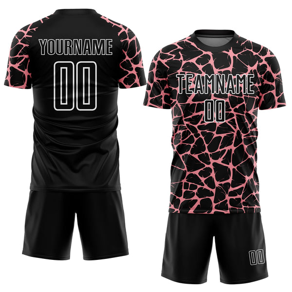 Custom Black Medium Pink-White Abstract Network Splash Sublimation Soccer Uniform Jersey alternate